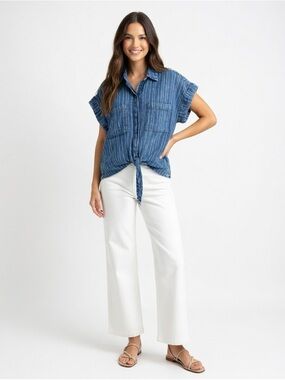 Elan Blue & Pink Striped Tie-Front Short Sleeve Shirt